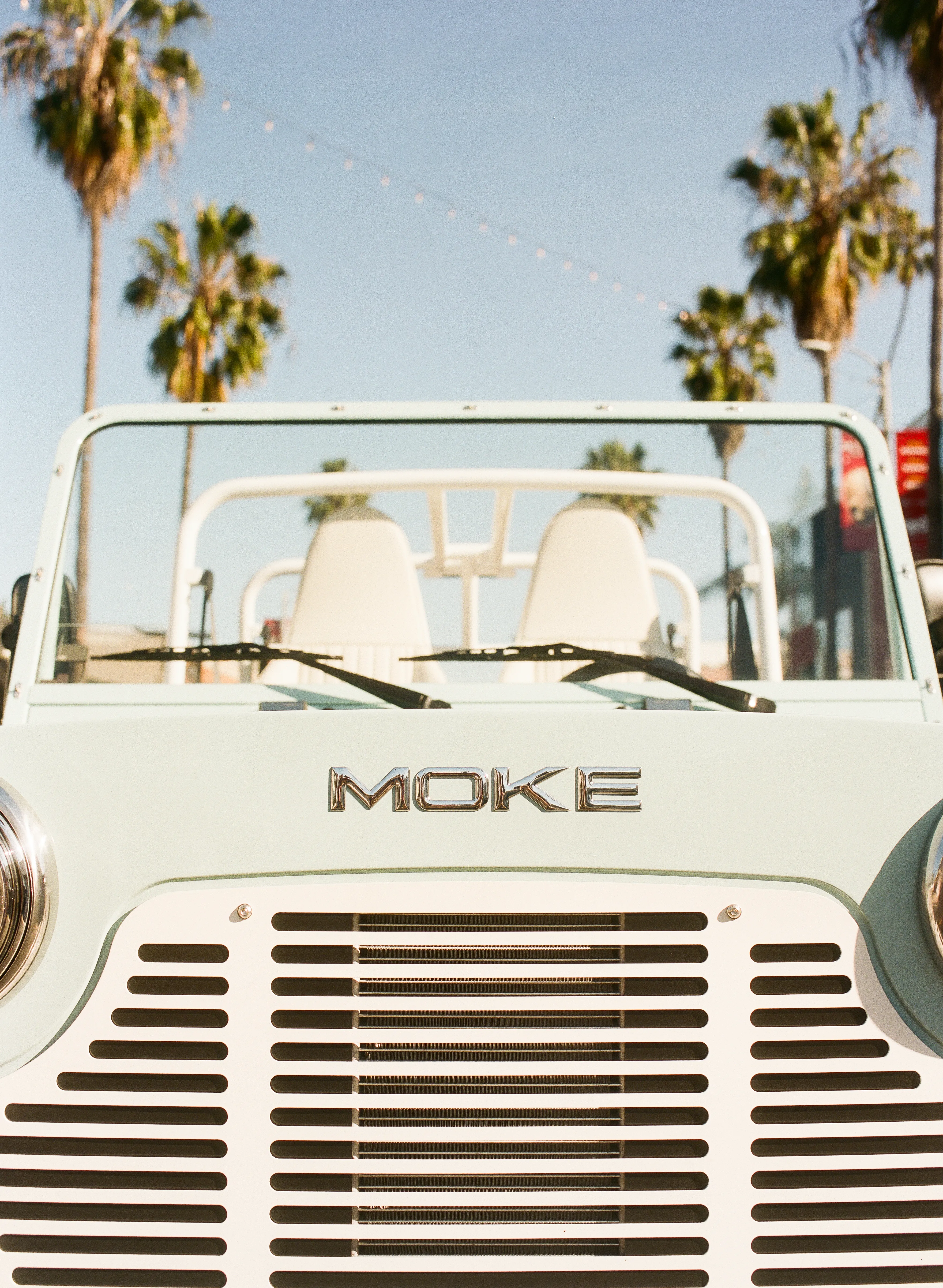Moke front view with palm trees and string lights