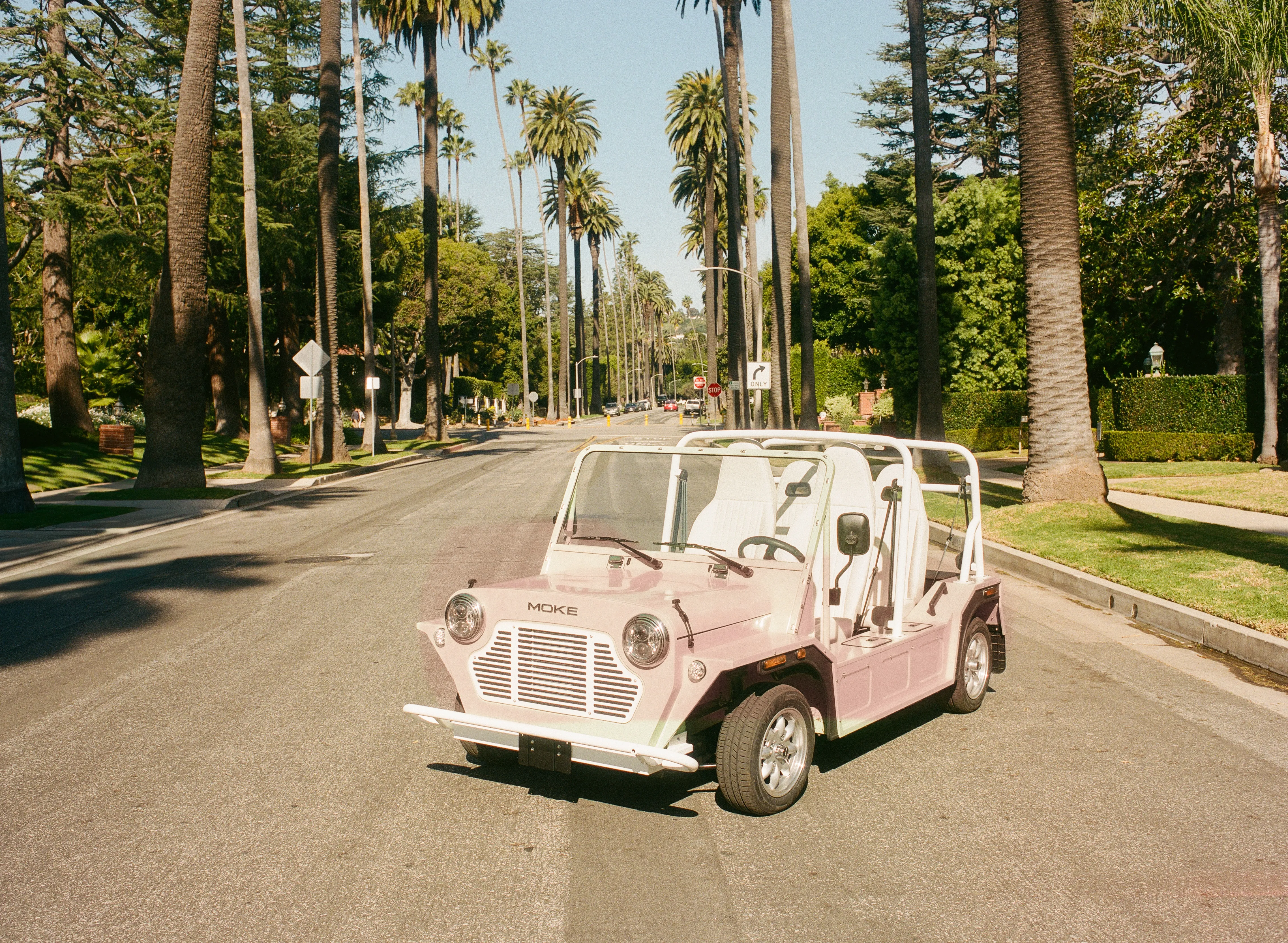 A blush-pink Moke parked on a palm-lined Beverly Hills avenue