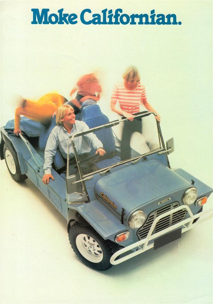 Vintage advertisement for the Moke Californian model, showing three young people in a powder blue Moke
